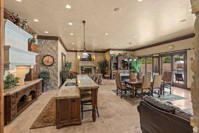 923 W 965 N, Orem, UT 84057 - dining room with a fireplace, crown molding, and recessed lighting