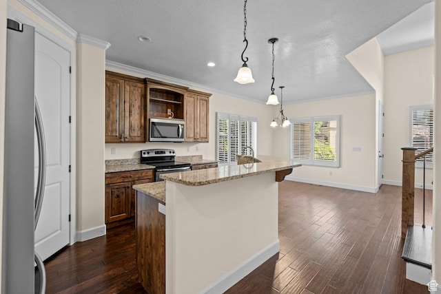 923 W 965 N, Orem, UT 84057 - kitchen featuring stainless steel appliances, dark wood finished floors, open shelves, baseboards, and recessed lighting