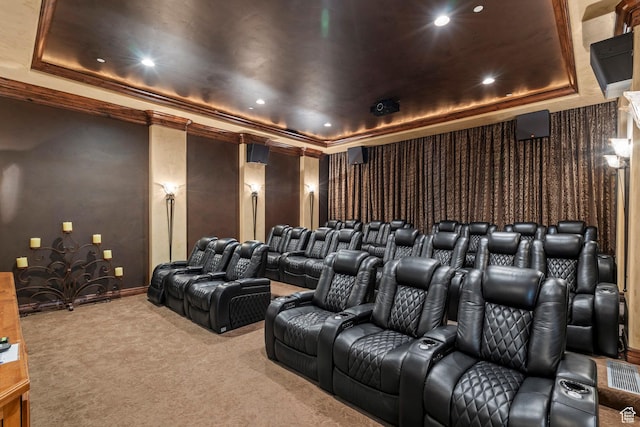 923 W 965 N, Orem, UT 84057 - cinema room with a tray ceiling, carpet, baseboards, ornamental molding, and recessed lighting