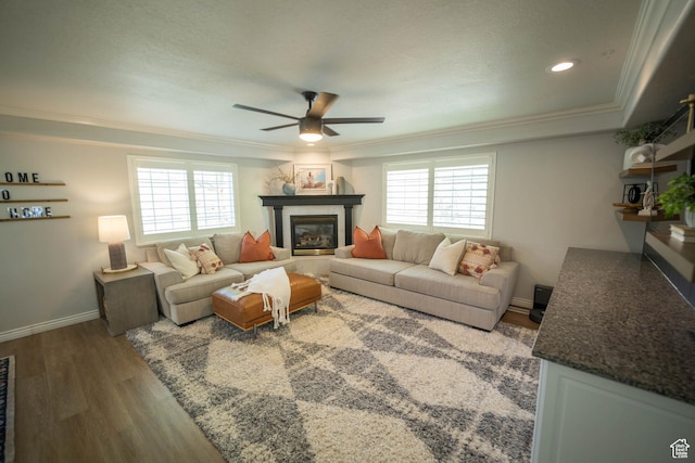 1536 E Mountain Rd, Logan, UT 84321 - living area featuring a ceiling fan, plenty of natural light, wood finished floors, a tile fireplace, and ornamental molding