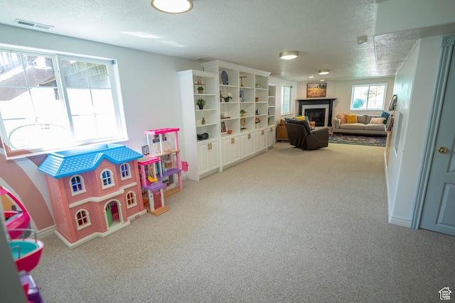 1536 E Mountain Rd, Logan, UT 84321 - rec room with carpet, a glass covered fireplace, and a textured ceiling