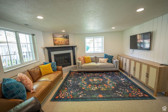 1536 E Mountain Rd, Logan, UT 84321 - carpeted living area with a textured ceiling, recessed lighting, and a fireplace