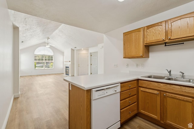 9362 S Abbey View Rd W, West Jordan, UT 84088 - kitchen featuring white dishwasher, a sink, open floor plan, ceiling fan, and light countertops