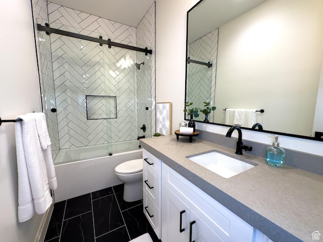 4893 W Ridge Rock Cir, Herriman, UT 84096 - full bathroom featuring vanity, toilet, combined bath / shower with glass door, and marble look tile flooring