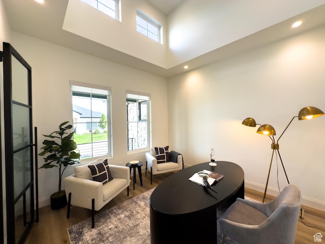 4893 W Ridge Rock Cir, Herriman, UT 84096 - living area with wood finished floors, baseboards, recessed lighting, and a towering ceiling
