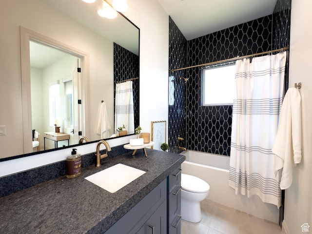4893 W Ridge Rock Cir, Herriman, UT 84096 - bathroom featuring toilet, vanity, shower / bath combo with shower curtain, and tile patterned flooring