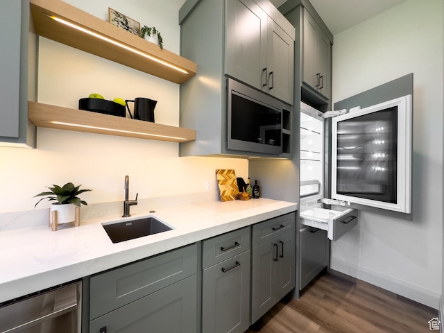 4893 W Ridge Rock Cir, Herriman, UT 84096 - kitchen featuring open shelves, a sink, gray cabinetry, dark wood-style flooring, and stainless steel microwave