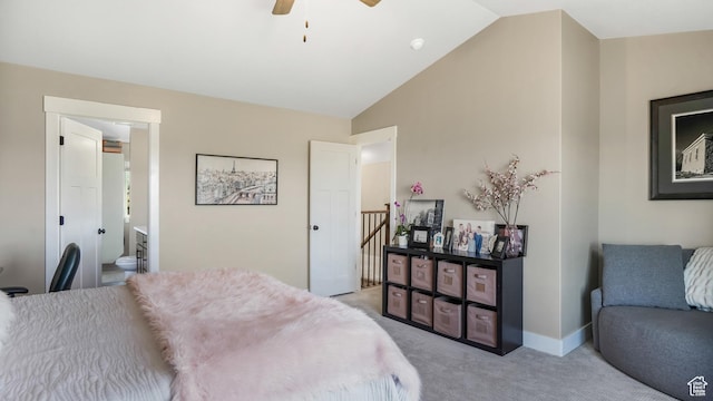 101 E 1500 N, North Ogden, UT 84404 - bedroom with light colored carpet, vaulted ceiling, ensuite bathroom, baseboards, and ceiling fan