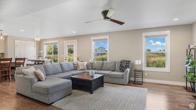 101 E 1500 N, North Ogden, UT 84404 - living room with wood finished floors, recessed lighting, a ceiling fan, and baseboards