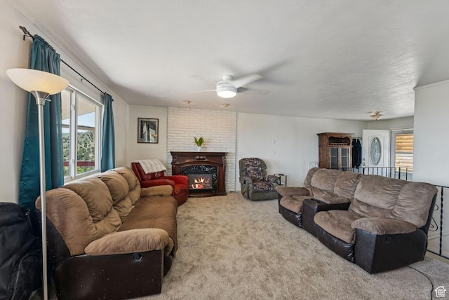 8043 W Hi Country Rd S, Herriman, UT 84096 - living room with carpet, ceiling fan, and a fireplace