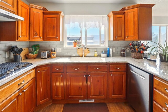 913 N 2300 W, Tremonton, UT 84337 - kitchen with stainless steel appliances, under cabinet range hood, a sink, dark wood-style flooring, and tasteful backsplash