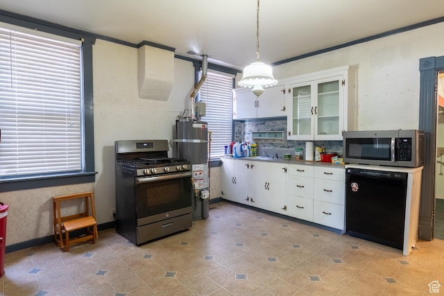 3219 Pingree Ave, Ogden, UT 84401 - kitchen featuring stainless steel appliances, secured water heater, white cabinets, healthy amount of natural light, and crown molding