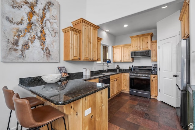 359 Parkview Rd, Coalville, UT 84017 - kitchen featuring stainless steel appliances, a peninsula, recessed lighting, a sink, and dark stone counters