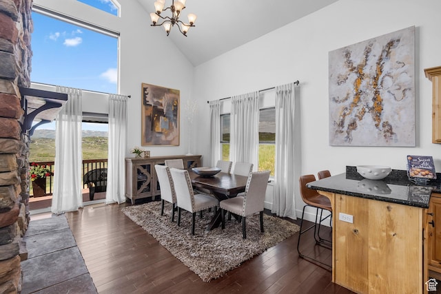 359 Parkview Rd, Coalville, UT 84017 - dining area featuring a chandelier, high vaulted ceiling, and dark wood-type flooring