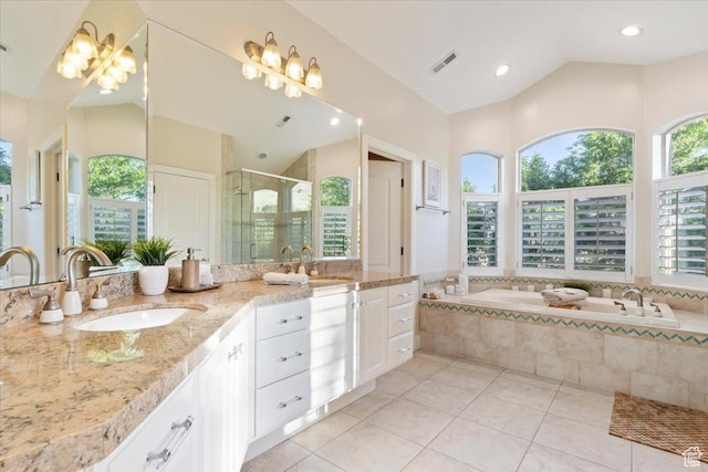 1784 E Ellerbeck Ln, Draper, UT 84020 - bathroom with a garden tub, double vanity, lofted ceiling, a shower stall, and tile patterned flooring