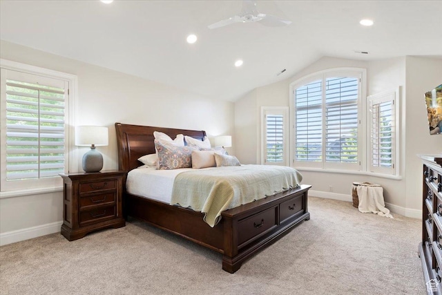 1784 E Ellerbeck Ln, Draper, UT 84020 - bedroom featuring light carpet, lofted ceiling, recessed lighting, baseboards, and a ceiling fan