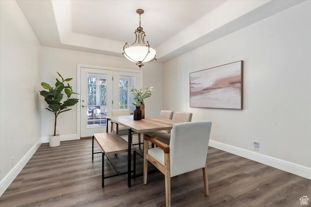 1784 E Ellerbeck Ln, Draper, UT 84020 - dining space with baseboards, dark wood-style flooring, and a tray ceiling