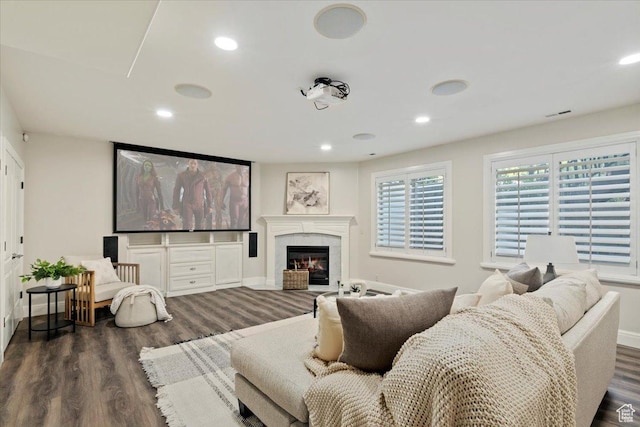 1784 E Ellerbeck Ln, Draper, UT 84020 - home theater featuring dark wood-style floors, recessed lighting, baseboards, and a high end fireplace