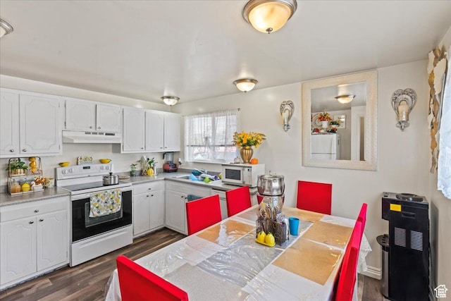 3230 W 4700 S, Salt Lake City, UT 84128 - kitchen with white appliances, under cabinet range hood, white cabinetry, dark wood-style floors, and light countertops
