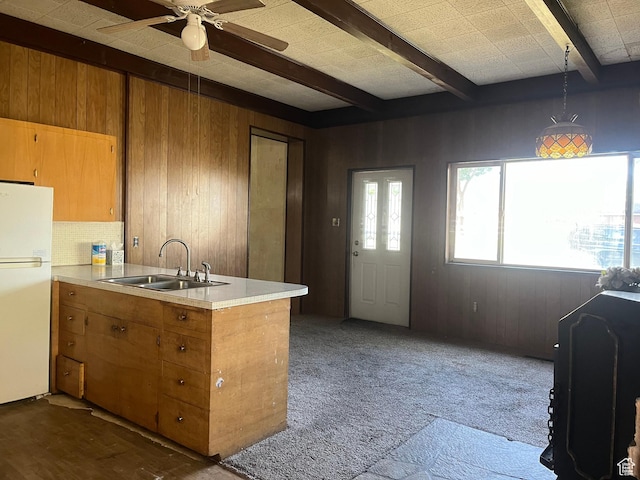 396 W 400 N, Manti, UT 84642 - kitchen featuring freestanding refrigerator, a sink, brown cabinetry, light countertops, and beamed ceiling