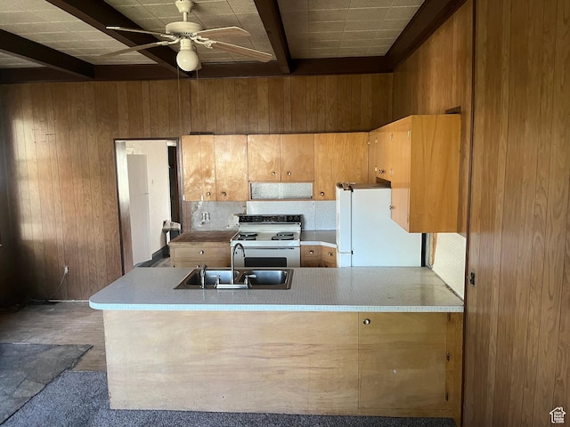 396 W 400 N, Manti, UT 84642 - kitchen featuring white appliances, a sink, wooden walls, beam ceiling, and ceiling fan