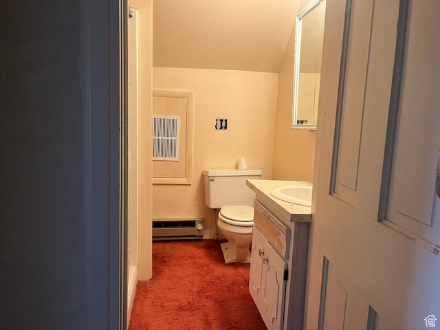 396 W 400 N, Manti, UT 84642 - bathroom with baseboard heating, toilet, vanity, and vaulted ceiling