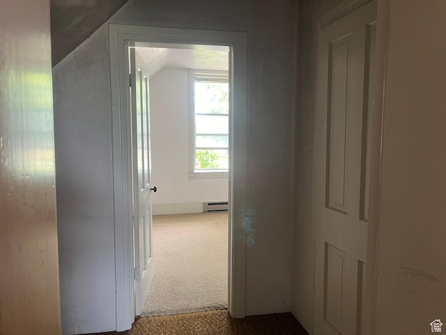 396 W 400 N, Manti, UT 84642 - hall with baseboard heating, carpet flooring, and vaulted ceiling