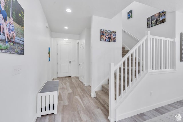 873 S Sunflower Ln W, Mapleton, UT 84664 - hall featuring stairway, wood finished floors, baseboards, and recessed lighting