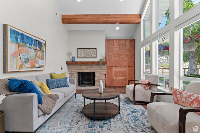 383 N 835 E, Lindon, UT 84042 - living area with healthy amount of natural light, beam ceiling, wood finished floors, a stone fireplace, and recessed lighting