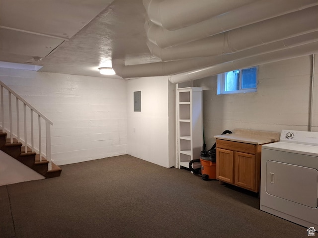 1130 S 1300 E, Salt Lake City, UT 84105 - basement featuring washer / clothes dryer, electric panel, dark carpet, stairs, and concrete block wall