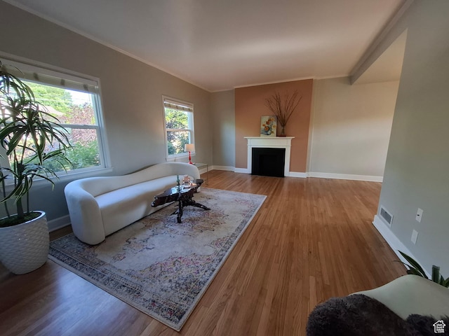 1130 S 1300 E, Salt Lake City, UT 84105 - living area featuring wood finished floors, ornamental molding, and a fireplace
