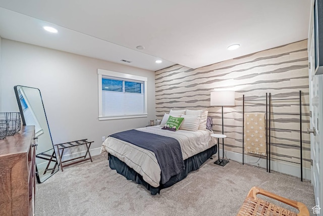 11517 N Perspective Dr, Hideout, UT 84036 - carpeted bedroom featuring an accent wall, wallpapered walls, recessed lighting, and baseboards