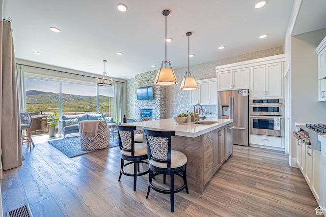 11517 N Perspective Dr, Hideout, UT 84036 - kitchen with appliances with stainless steel finishes, light wood finished floors, light countertops, a sink, and a fireplace