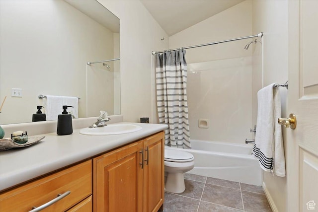 7825 S Spruce Tree Ln, Sandy, UT 84094 - bathroom with vanity, shower / bath combination with curtain, toilet, tile patterned floors, and lofted ceiling
