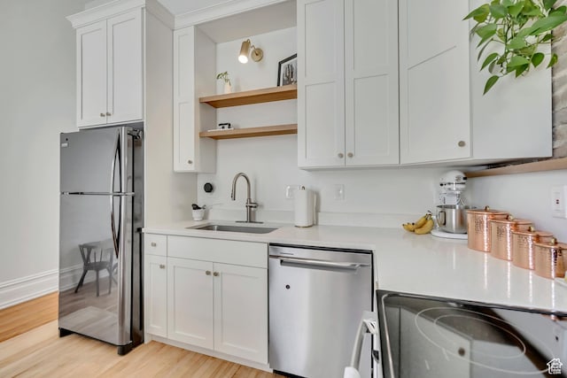 119 E 400 S, Provo, UT 84606 - kitchen with stainless steel appliances, a sink, light countertops, open shelves, and white cabinetry