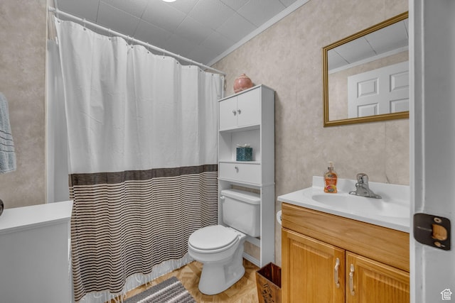 5419 S 4125 W, Roy, UT 84067 - bathroom featuring toilet, vanity, crown molding, and a shower with shower curtain
