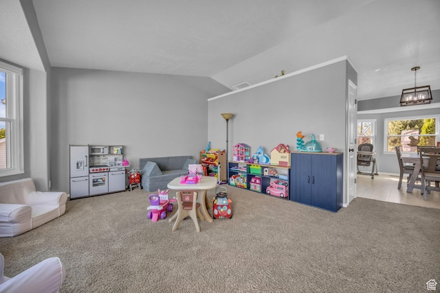 5419 S 4125 W, Roy, UT 84067 - game room featuring carpet, a chandelier, and lofted ceiling