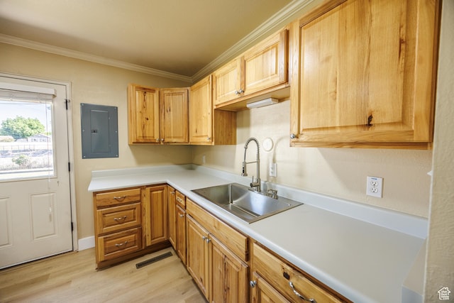 1814 W 80 S, Provo, UT 84601 - kitchen featuring electric panel, a sink, crown molding, light wood finished floors, and light countertops