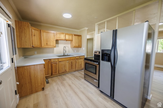 1814 W 80 S, Provo, UT 84601 - kitchen featuring stainless steel appliances, a sink, light wood-style floors, light countertops, and crown molding