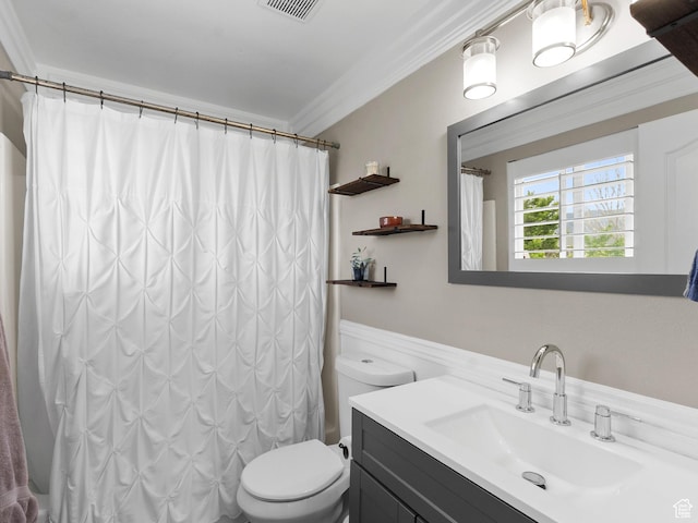 1046 W 370 N, Hyrum, UT 84319 - bathroom with crown molding, toilet, vanity, and a shower with curtain