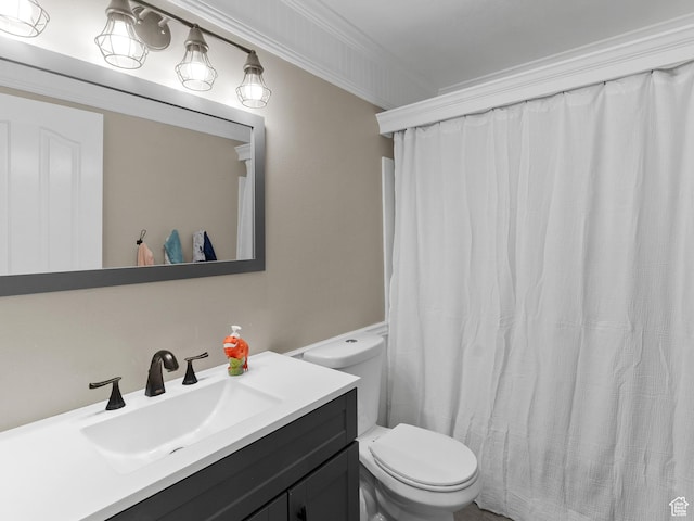 1046 W 370 N, Hyrum, UT 84319 - bathroom featuring vanity, toilet, crown molding, and curtained shower