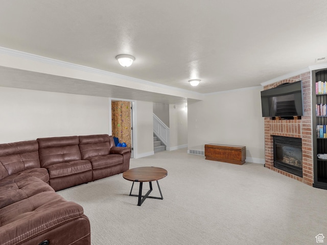 1046 W 370 N, Hyrum, UT 84319 - living area featuring crown molding, stairway, carpet floors, a brick fireplace, and baseboards