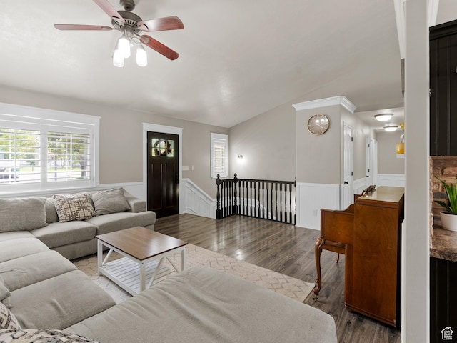 1046 W 370 N, Hyrum, UT 84319 - living area with wainscoting, wood finished floors, ceiling fan, and lofted ceiling