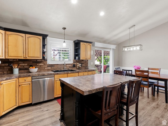 1046 W 370 N, Hyrum, UT 84319 - kitchen with dishwasher, open shelves, a sink, vaulted ceiling, and light wood-style flooring