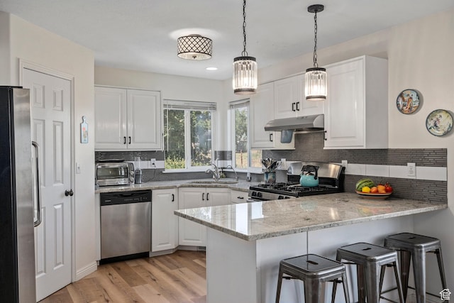 116 S Canyon View Dr, Elk Ridge, UT 84651 - kitchen featuring appliances with stainless steel finishes, under cabinet range hood, a peninsula, a sink, and white cabinets