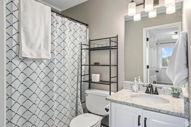 116 S Canyon View Dr, Elk Ridge, UT 84651 - full bathroom with vanity, toilet, ornamental molding, and a shower with shower curtain