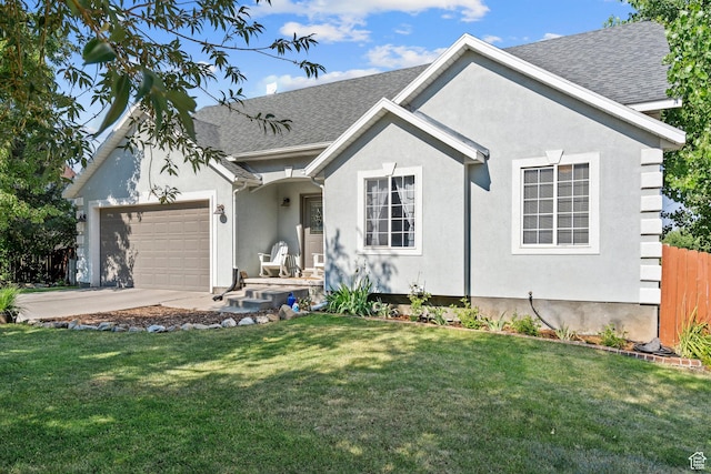 116 S Canyon View Dr, Elk Ridge, UT 84651 - view of front of property with stucco siding, an attached garage, a front yard, and a shingled roof