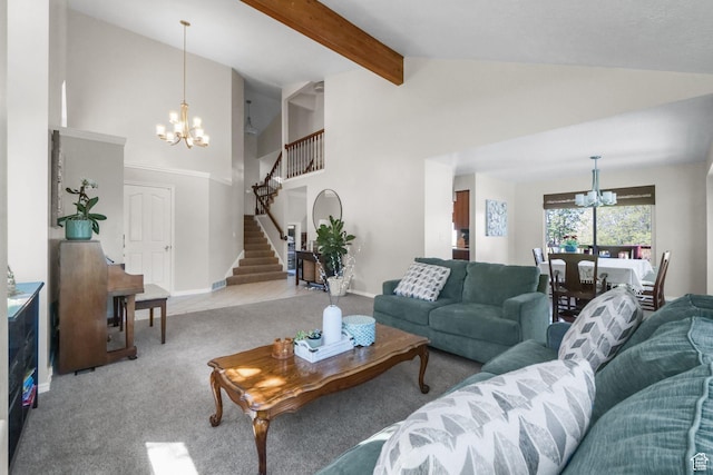 10128 S 2460 E, Sandy, UT 84092 - carpeted living room featuring a chandelier, stairway, high vaulted ceiling, beam ceiling, and baseboards