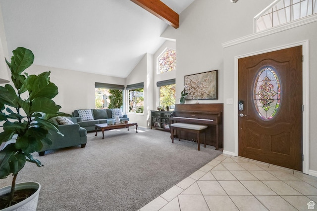 10128 S 2460 E, Sandy, UT 84092 - carpeted foyer entrance featuring high vaulted ceiling, beam ceiling, tile patterned flooring, and baseboards