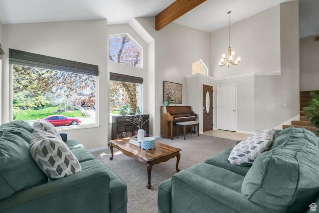 10128 S 2460 E, Sandy, UT 84092 - living area with high vaulted ceiling, a chandelier, carpet, baseboards, and beam ceiling